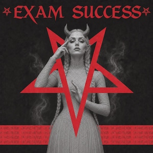 Könnte beinhalten: Eine schwarz-weiße Grafik mit einer Person mit Hörnern und geflochtenem Haar, die ein strukturiertes Kleid trägt. Ein großes rotes Pentagramm ist über der Figur zentriert. Der Text EXAM SUCCESS erscheint oben mit kleinen Pentagrammen.