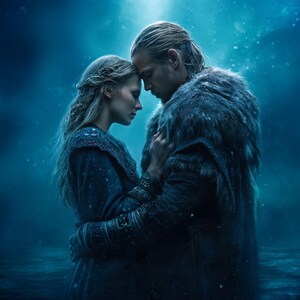 May include: A digital illustration depicts a man and woman embracing, their heads touching. The woman wears a blue dress with intricate embroidery, while the man is clad in a fur-lined cloak. The background is a dark blue, creating a dramatic and intimate scene.