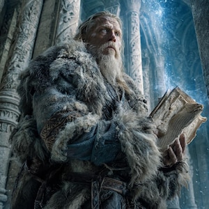 Puede incluir: Un hombre mayor con una larga barba blanca y un abrigo forrado de piel sostiene un libro abierto y envejecido. La escena está ambientada en una estructura de piedra con columnas ornamentadas, iluminada por una luz azul mística.