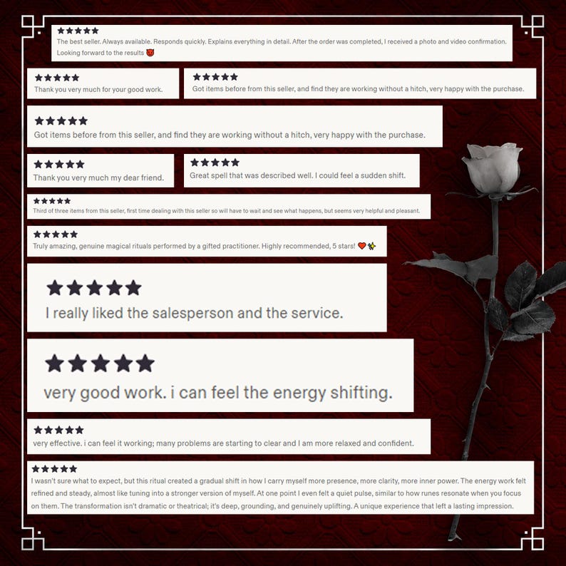 May include: A collection of customer reviews displayed in white rectangular boxes against a dark red background, featuring five-star ratings and text testimonials. A single black and white rose is positioned vertically on the right side of the image.