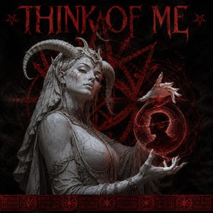 May include: A digital illustration featuring the text THINK OF ME at the top. A pale, horned figure with intricate skin textures holds a glowing red orb containing a silhouette of a person. The background is dark with red star symbols.