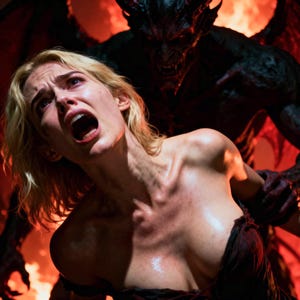 May include: A blonde individual with an open mouth and distressed expression is positioned in front of a dark, horned, winged creature. The scene is illuminated by a vibrant red glow, highlighting the figure's skin and the creature's silhouette.