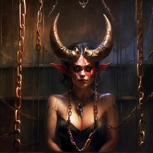 Pode incluir: Uma figura com grandes chifres curvos e texturizados e orelhas pontudas, com marcas vermelhas ao redor dos olhos. A figura veste um top escuro e um colar de corrente de metal, posicionada atrás de correntes metálicas verticais num ambiente escuro.