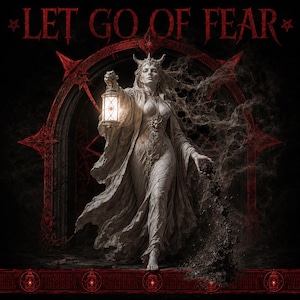 Könnte beinhalten: Eine digitale Illustration einer steinartigen Figur mit Hörnern, die eine leuchtende Laterne hält, mit dem Text LET GO OF FEAR oben. Die Figur trägt ein fließendes Gewand und steht vor einem dunklen, verzierten Torbogen mit roten Akzenten.