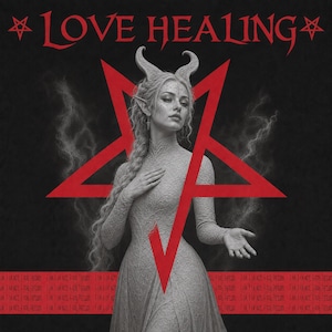 Peut inclure: Une illustration en niveaux de gris d'une silhouette à cornes vêtue d'une robe texturée devant un grand pentagramme rouge. Le texte LOVE HEALING est centré en haut entre deux petits pentagrammes. Une bande rouge horizontale contient du texte.