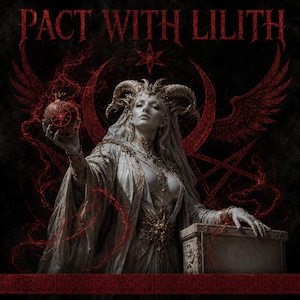Könnte beinhalten: Eine digitale Illustration mit dem Titel PACT WITH LILITH, die eine gehörnte Figur in einem verzierten weißen Gewand mit Goldschmuck zeigt. Die Figur hält einen leuchtenden roten Granatapfel mit Pentagramm-Symbol. Rote Flügel sind im Hintergrund.