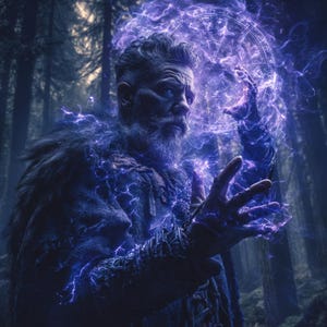 May include: A digital art image of a bearded man in a dark forest, surrounded by glowing purple energy. The man is wearing a fur-lined cloak and appears to be conjuring a magical spell with his hands. A circular symbol is visible above his hands.