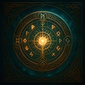 Puede incluir: Ilustración detallada de un diseño circular dorado con símbolos rúnicos y un árbol de la vida central. La obra de arte está ambientada sobre un fondo verde azulado oscuro con efecto de estrellas y presenta intrincados nudos celtas.