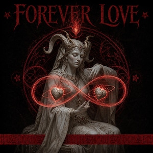 Könnte beinhalten: Eine digitale Illustration einer blassen, gehörnten Figur in fließenden Gewändern mit dem Text FOREVER LOVE oben. Die Figur hält ein leuchtendes rotes Unendlichkeitssymbol mit zwei rissigen Herzen vor einem dunklen Hintergrund mit roten Pentagrammen.
