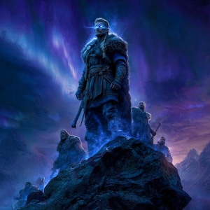 Puede incluir: Ilustración digital de un guerrero con armadura forrada de piel, de pie sobre una cima rocosa con otras figuras. El guerrero tiene ojos azules brillantes y una espada. El fondo presenta una aurora boreal púrpura y azul.
