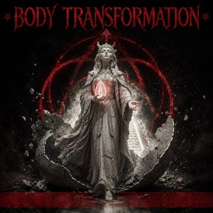 May include: A stone-like statue of a horned figure in a long robe emerging from a cracked sphere, holding a glowing leaf. The text BODY TRANSFORMATION appears at the top in red, with red circular symbols and a staircase in the background.