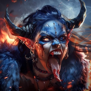 May include: A digital illustration of a creature with dark blue hair, large curved horns, and pointed ears. The face features blue markings, glowing yellow eyes, and an open mouth with a long tongue. The figure wears a dark blue fur collar.