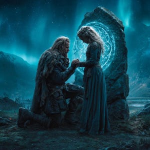 Può includere: Un uomo si inginocchia davanti a una donna, tenendole le mani in una scena romantica. Si trovano in un'ambientazione mistica con una struttura di pietra luminosa dietro di loro. La scena è ambientata sullo sfondo di montagne e un cielo stellato, con una palette di colori freddi.