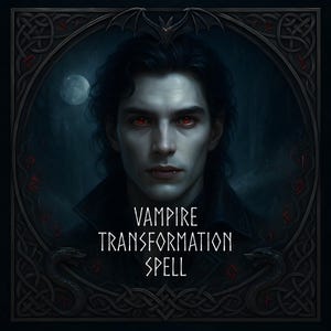 Op de afbeelding: Een digitale illustratie van een vampier met een bleke huid, rode ogen en donker haar. De afbeelding is omlijst door een decoratieve rand met de woorden "VAMPIRE TRANSFORMATION SPELL" in witte tekst. Een volle maan is zichtbaar op de achtergrond.