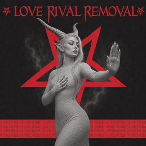 Puede incluir: Un estampado gráfico que muestra una figura con cuernos y orejas puntiagudas con un vestido texturizado. El fondo muestra un gran pentagrama rojo y el texto LOVE RIVAL REMOVAL. Una banda roja inferior contiene el texto repetido I AM NOT.