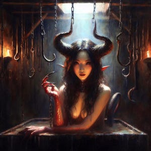 May include: A digital illustration of a figure with dark hair, large curved horns, and pointed ears, positioned in a dark, dimly lit space. The figure has red-tinted skin on the arms and hands, and is surrounded by metal chains and hooks.