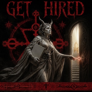 May include: A digital illustration featuring the text GET HIRED at the top. A horned figure in a flowing robe holds a book and inserts a glowing key into a door, revealing a staircase and a golden throne. A large red circular symbol is in the background.
