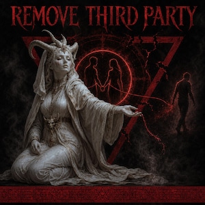 May include: A dark fantasy illustration featuring the text REMOVE THIRD PARTY at the top. A pale, horned figure in a flowing white robe kneels, extending a hand toward a red glowing circle containing two silhouettes connected by a thin red line.