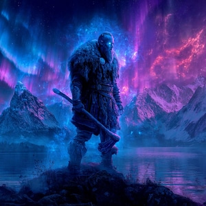 Puede incluir: Ilustración digital de un guerrero vikingo sosteniendo un hacha, de pie sobre un afloramiento rocoso. El guerrero está vestido con pieles y cuero, con ojos azules brillantes. El fondo presenta un lago, montañas y una vibrante aurora boreal.