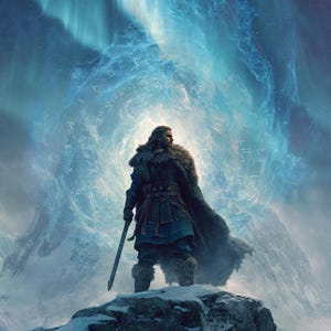 Könnte beinhalten: Eine digitale Illustration eines Kriegers, der auf einem schneebedeckten Berggipfel steht und ein Schwert hält. Der Krieger ist in Pelzkleidung und einen Umhang gekleidet. Eine leuchtende blaue Aura umgibt den Krieger, mit Bergen und wirbelndem, ätherischem Licht im Hintergrund.