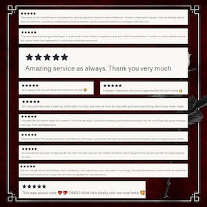 May include: A collection of ten five-star customer reviews displayed in white rectangular boxes against a dark red background with a faint rose silhouette. The text includes various testimonials praising service, energy, and personal experiences.