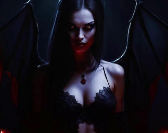 Peut inclure: Une silhouette aux longs cheveux sombres et aux grandes ailes noires, portant un corsage en dentelle noire à fines bretelles et un collier pendentif avec une pierre rouge. Les yeux sont rougeoyant sur un fond sombre avec une lumière rouge.