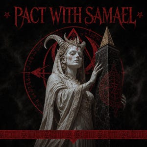 May include: A dark graphic print titled PACT WITH SAMAEL featuring a pale, horned figure in ornate robes touching a tall, black marble obelisk. The background displays a large red circular sigil with occult symbols and small pentagrams.