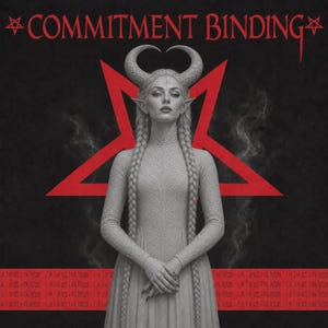 May include: A graphic print featuring a figure with horns and pointed ears wearing a textured grey dress. The background displays a large red star, the text COMMITMENT BINDING, and a horizontal red band with repeating text I AM NOT.