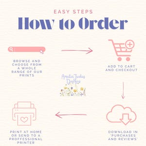 Pu&ograve; includere: Un'infografica con il titolo "Come ordinare" in blu e rosa. I passaggi includono la navigazione, l'aggiunta al carrello, il download e la stampa. L'immagine include il testo "Amelia Judes Designs".