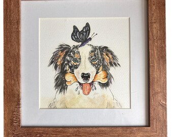 Whimsical Dog & ButterflyArt Print - Framed