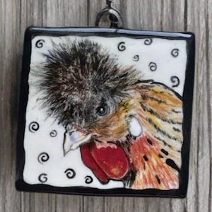 Polish Chicken Hand Painted Ceramic Miniature Tile -  Original Artwork Small Wall Hanging 2.5 Inch Handmade Pottery