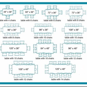 Puede incluir: Diagrama de tama&ntilde;os de mesas rectangulares con sus configuraciones de sillas. Las medidas van desde 122 cm x 91 cm para 4 sillas hasta 305 cm x 122 cm para 14 sillas. &Uacute;til para planificar comedores.