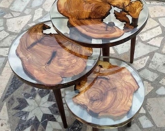 Juego de mesa de resina de acacia con borde natural/Mesas nido rústicas modernas
