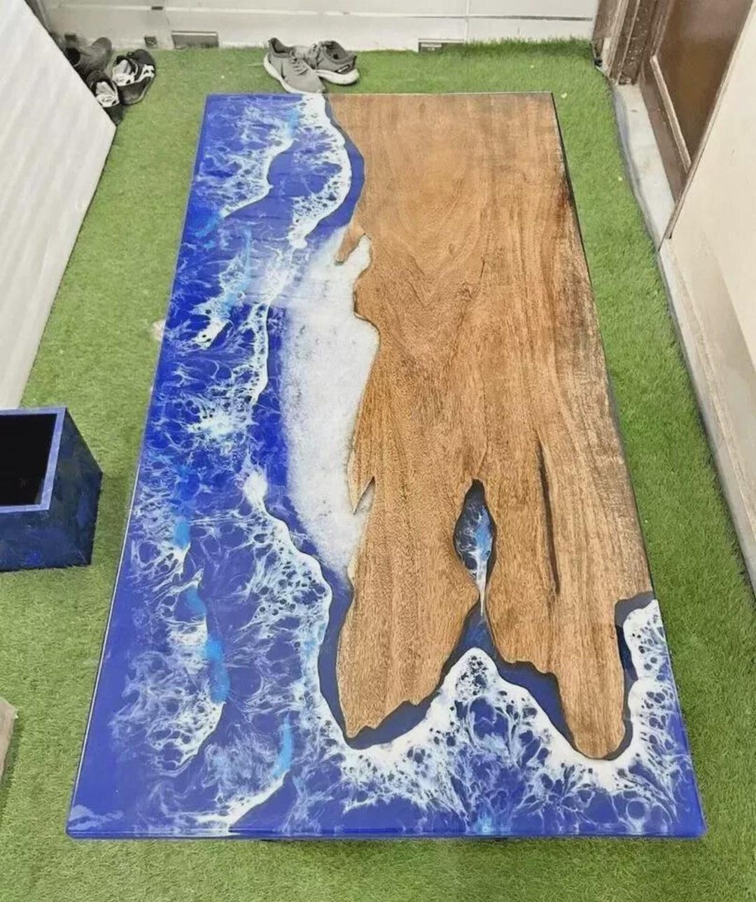 Handmade Ocean Wave Resin Tabletop | Live Edge Wood & Blue Epoxy - Etsy