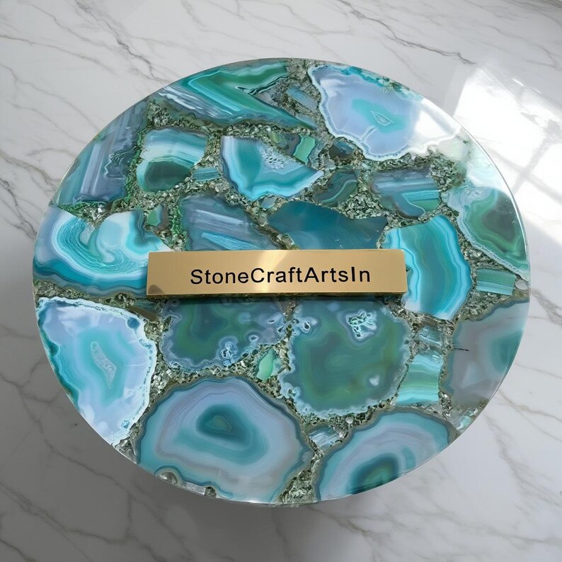 Handmade Blue Agate Coffee Table Top: Polished Gemstone, Luxury Accent image 2