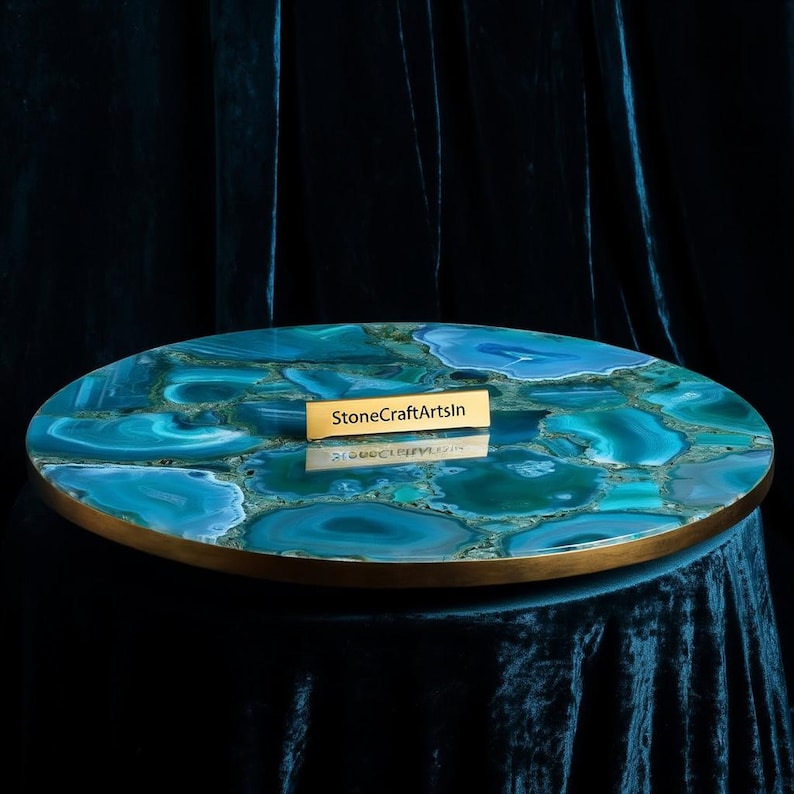 Handmade Blue Agate Coffee Table Top: Polished Gemstone, Luxury Accent image 3