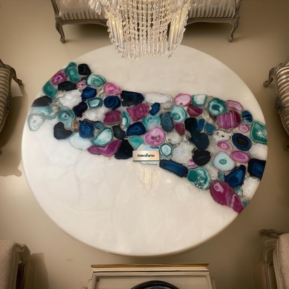 Handcrafted White Onyx & Multicolor Agate Dining Table Top | Luxury Semi-Precious Stone Inlay Round Table