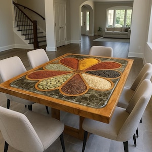 May include: A rectangular wooden dining table with a unique inlaid design. The tabletop features a flower-shaped arrangement of various spices in different colors, including red, yellow, and green. The table is surrounded by six beige upholstered chairs.