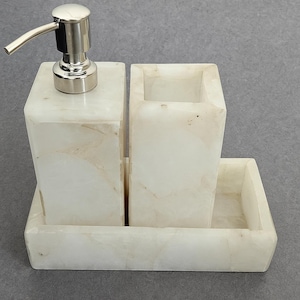 White Quartz Stone Bathroom Set, Handmade Bathroom Accessories Set of 3 Pcs, Soap Dispenser, Toothbrush Holder, Tray, Luxury Bathroom Decor