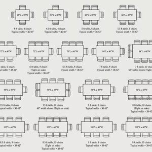 Puede incluir: Diagrama de varias mesas rectangulares con sillas. Las mesas var&iacute;an de 122 cm a 274 cm de largo, con diferentes anchos. Las dimensiones y la capacidad de asientos de cada mesa se indican en cm y pies.