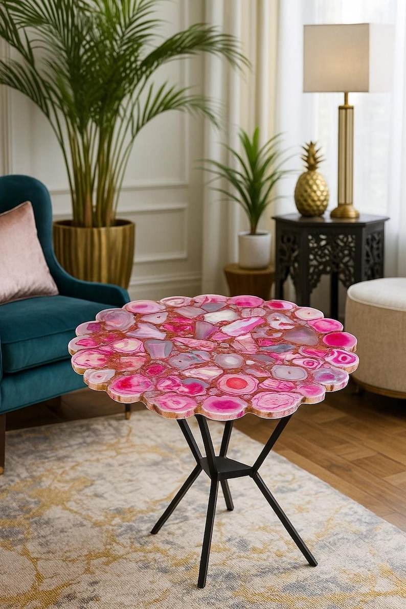 Agate Table Handmade Pink Agate Side Table| Luxury Iron Base Accent - Etsy