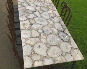 Piano del tavolo da pranzo in pietra di agata bianca fatto a mano - Lastra di pietra preziosa rettangolare