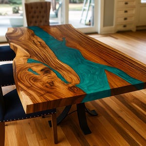 Live Edge Ocean Blue Epoxy Resin River Table | Handmade Acacia Wood Dining Table | Custom Handmade Modern Ocean Table Top Furniture