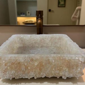 Natural Quartz Crystal Sink | Handcrafted Square Gemstone Basin for Luxury Bathroom | Raw Crystal Stone Countertop Vessel.