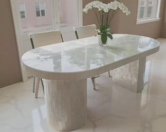 Handmade Selenite Crystal Dining Table|Modern Oval Stone Inlay