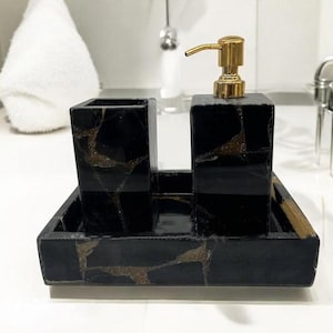 Black Obsidian Stone Bathroom Set: Luxurious Handmade Decor