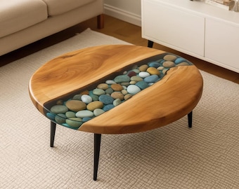 Mesa de centro de resina epoxi con borde natural de piedra de río / Mesa de centro con incrustaciones de madera natural y piedra