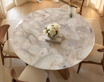 Luxury White Quartz Round Dining Table | Handmade Natural Quartz Stone Dining Table | Modern Crystal Quartz Tabletop