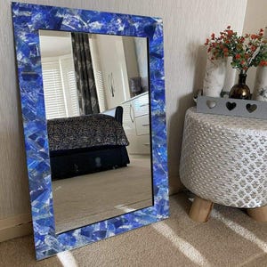 Handmade Lapis Lazuli Gemstone Wall Mirror: Modern Blue Crystal Frame
