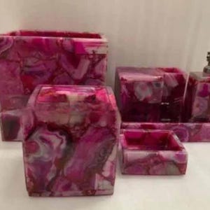 Handmade Pink Agate Bathroom Accessory Set | Luxury 5-Piece Gemstone Vanity Set with Soap Dispenser, Tissue Box, Toothbrush Holder & Tray